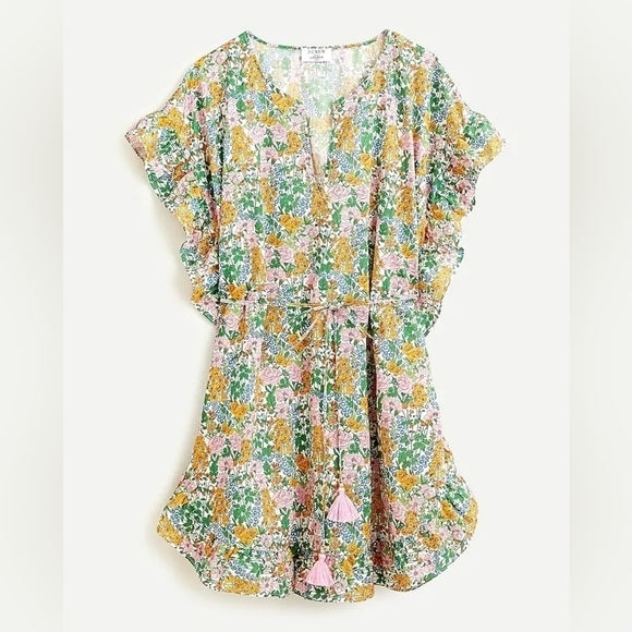 J. Crew Ditsy Floral Ruffle Trim Short Sleeve V-Neck Tunic Dress L Baby Shower - Picture 1 of 10